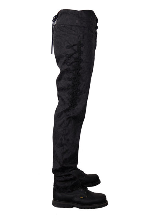 Black Side Discoid Flowers Back Waist Lace Up Gothic Jacquard Mens Pants