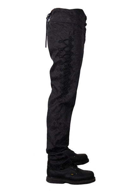 Black Side Discoid Flowers Back Waist Lace Up Gothic Jacquard Mens Pants
