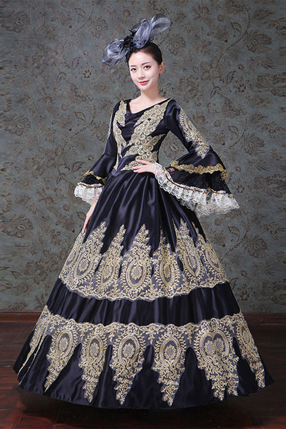 Black Trumpet Sleeves High Waisted Hollow Embroidery Print Victorian Lolita Prom Dress