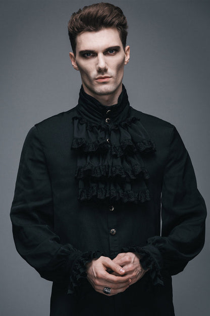 Black Ruffled Lace Button-Up Micro-bullet Chiffon Long Sleeve Men's Gothic Shirt