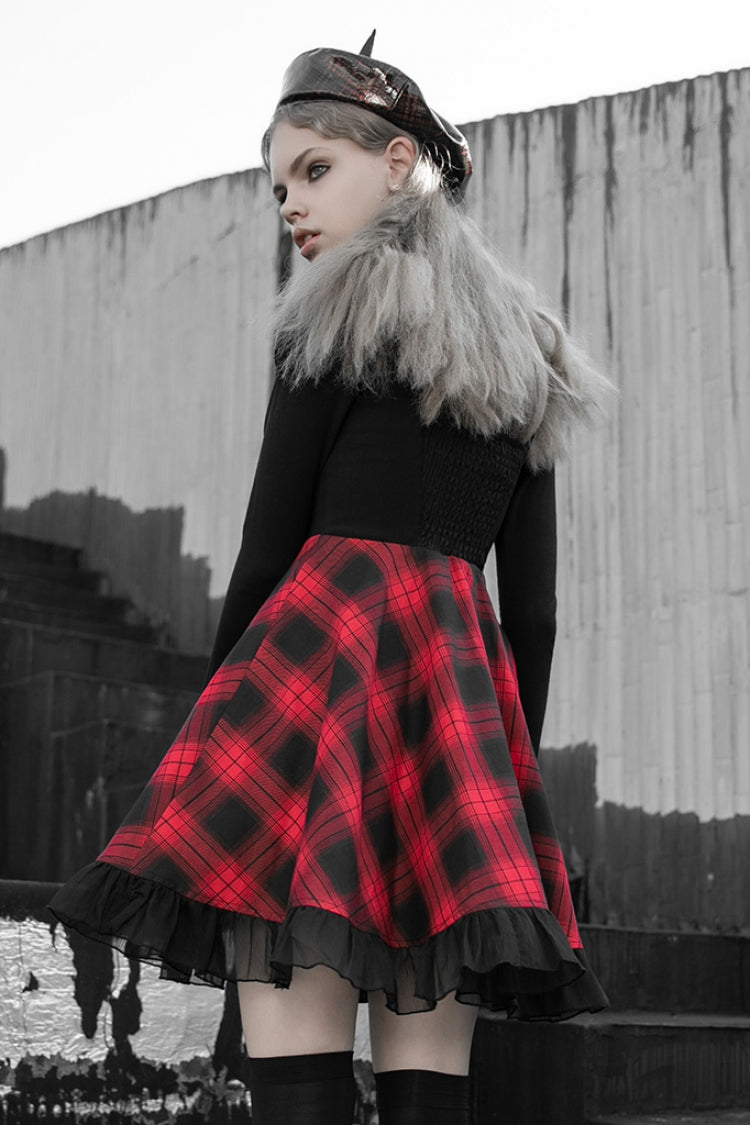 Black/Red Plaid Print Ruffle Lace Women's Punk Dress