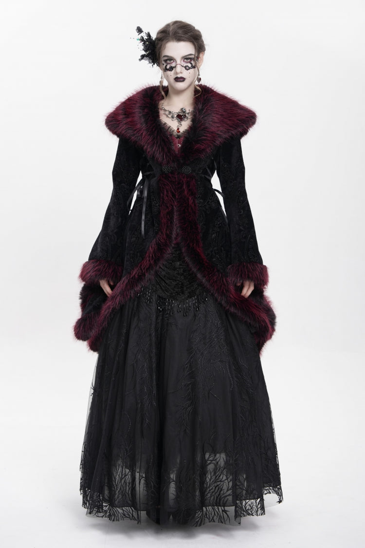 Red Long Sleeves Floral Embroidery Women's Gothic Fluffy Coat