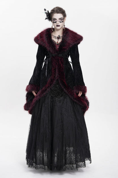 Red Long Sleeves Floral Embroidery Women's Gothic Fluffy Coat