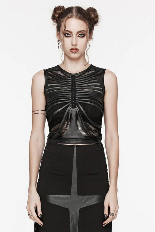 Black Round Collar Sleeveless Stitching Mesh Ripped Women's Punk Tank Top