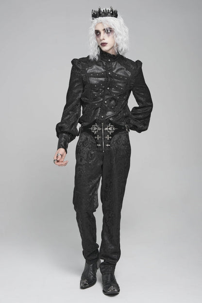 Black Stand Collar Long Lantern Sleeves Floral Print Embroidery Men's Gothic Blouse