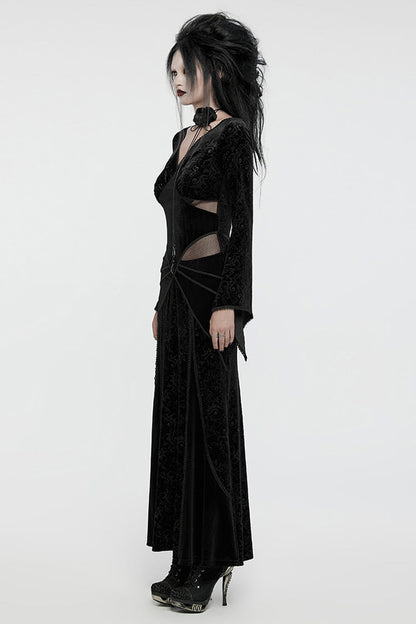 Black V Collar Long Sleeves Hollow Embroidery Lace-Up Women's Gothic Dress