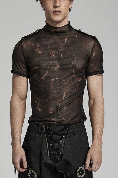 Stand Collar Short Sleeves Print Slim Mens Steampunk T-Shirt 2 Colors