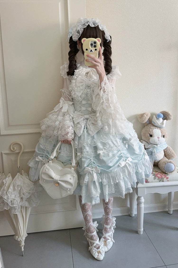 Blue [Silk Satin Gift Box] Square Collar Sleeveless Multi-Layered Ruffled Bow Lace Sweet Lolita Jsk Dress