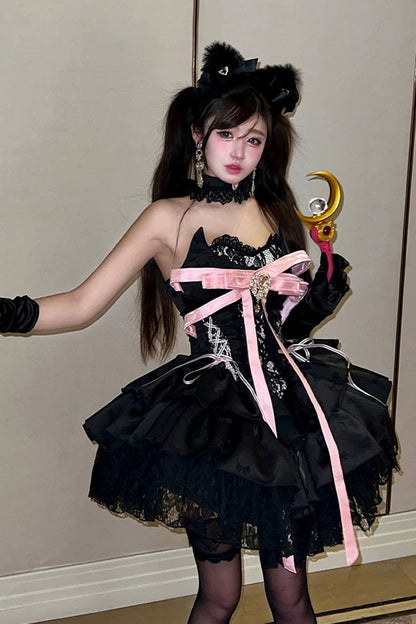Black [Kitten Sweetheart] Multi-Layered Ruffled Bow Lace-Up Princess Ballet Gothic Lolita Jsk Dress