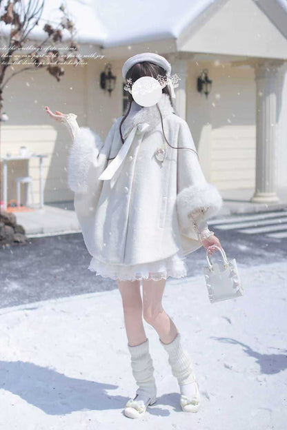 White Long Sleeves Lace Sweet Japanese Lolita Fluffy Cloak Coat