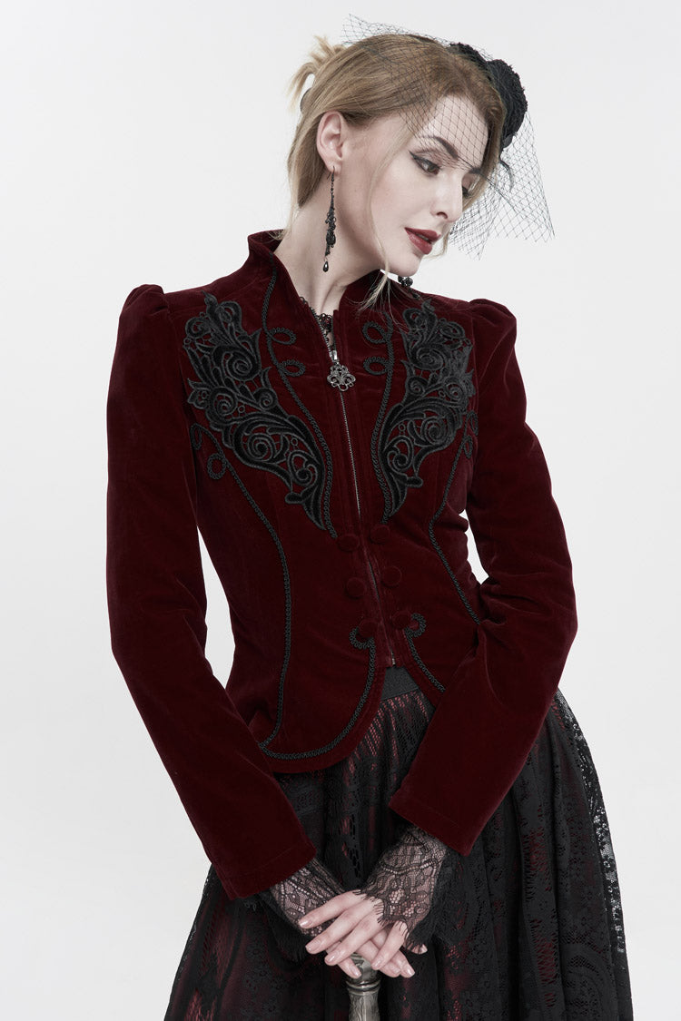 Red Stand Collar Velvet Applique On Chest Pendant Zipper Long Sleeve Women's Gothic Jacket