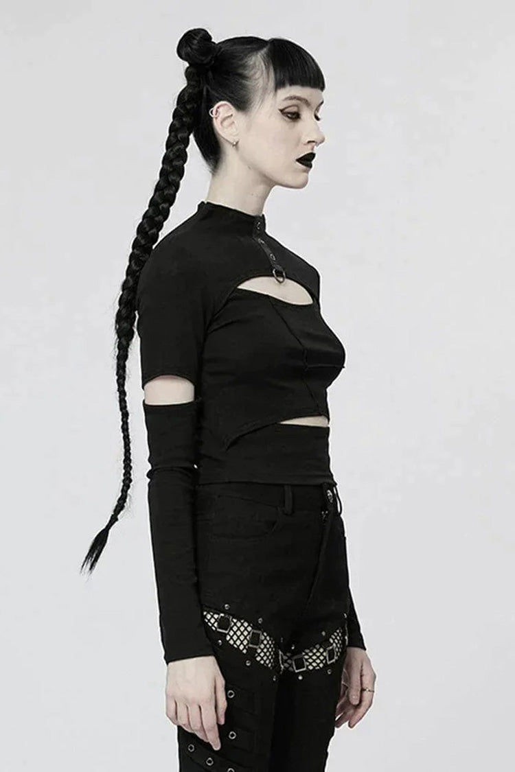 Comfortable Stitching Chain Cutout Turtleneck Ribbon Style Stretch Women's Punk T-Shirt 2 Colors