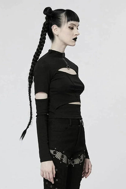 Comfortable Stitching Chain Cutout Turtleneck Ribbon Style Stretch Women's Punk T-Shirt 2 Colors