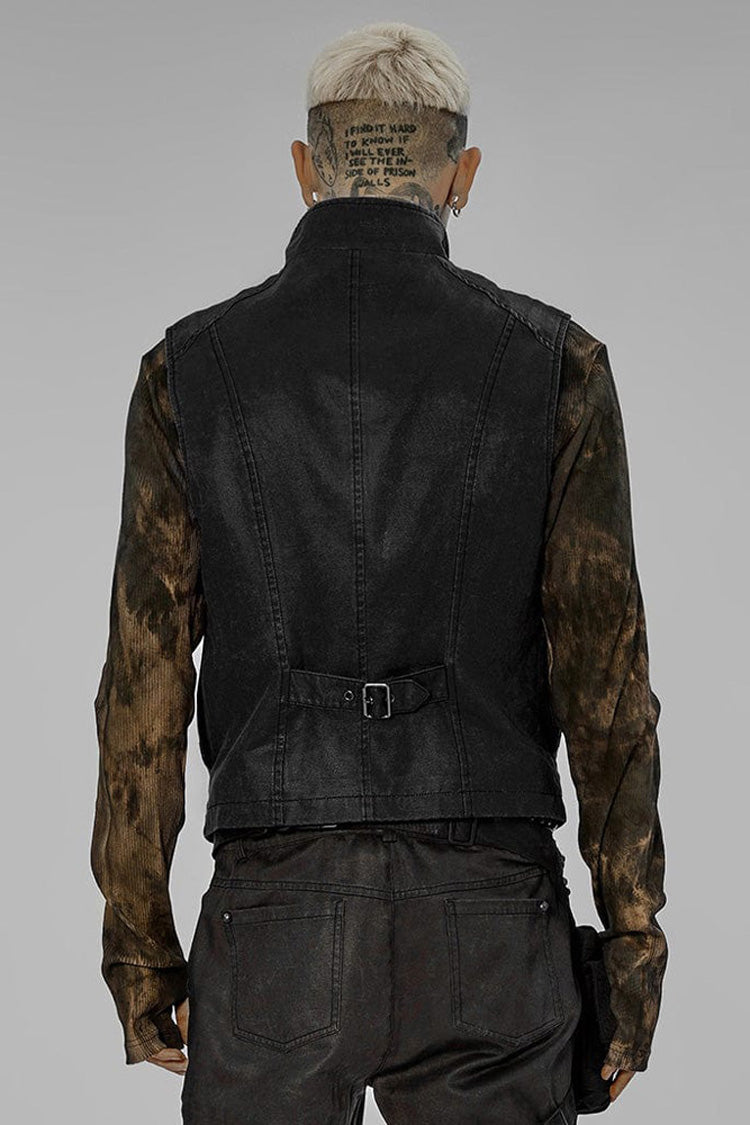 Black Punk Apocalyptic Stand Collar Twill Metal Skull Zip Men's Vest