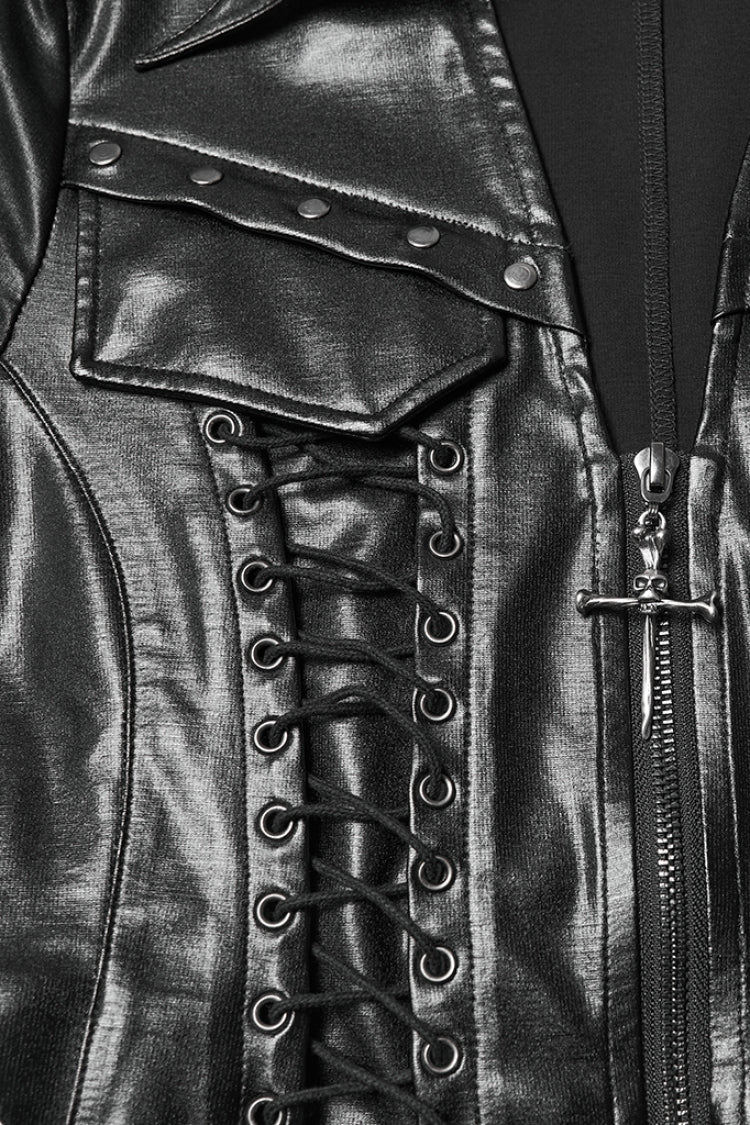 Black Stand Collar Long Sleeves Lace-Up Zipper Women's Punk Jacket