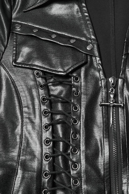 Black Stand Collar Long Sleeves Lace-Up Zipper Women's Punk Jacket