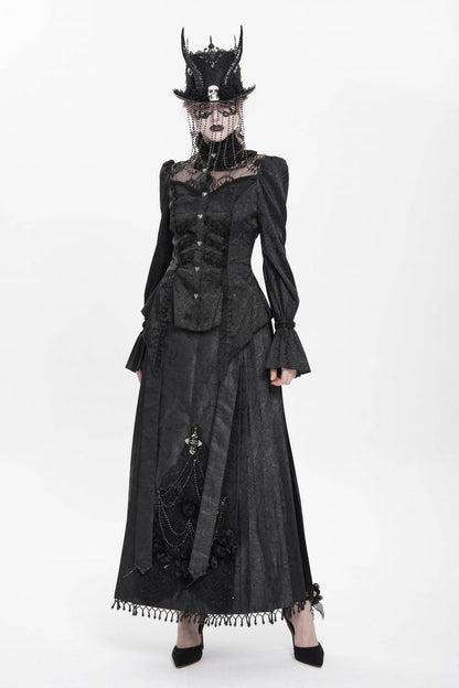 Black Stand Collar Long Sleeves Jacquard Hollow Lace Women's Gothic Blouse