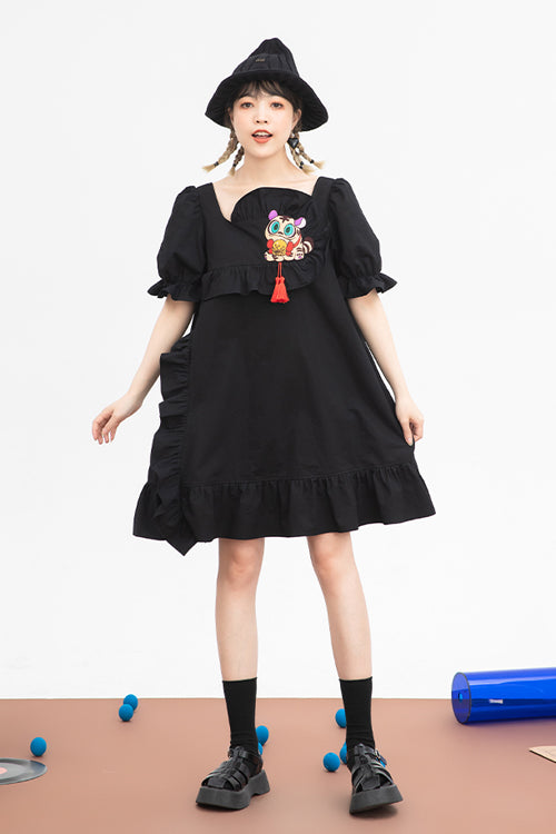 Black Ruffled Square Collar Cute Tiger Embroidered Bubble Short Sleeves High Waisted Sweet Lolita Dress