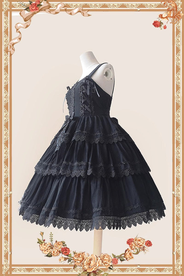 Black Three-section Cake Sleeveless Ribbon Sweet Lolita Tiered Dress