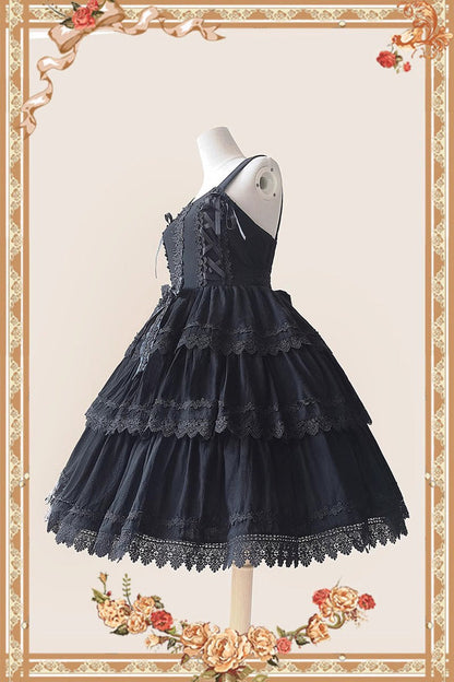 Black Three-section Cake Sleeveless Ribbon Sweet Lolita Tiered Dress