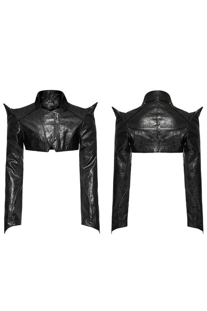 Black Stand Collar Zipper Faux Leather Sharp Shoulders Mens Steampunk Short Coat