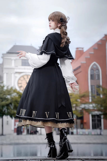 Black [Dragon’s Aria] Long Sleeves Printed Embroidered College Style Gothic Vintage Lolita Dress Three-Piece Set