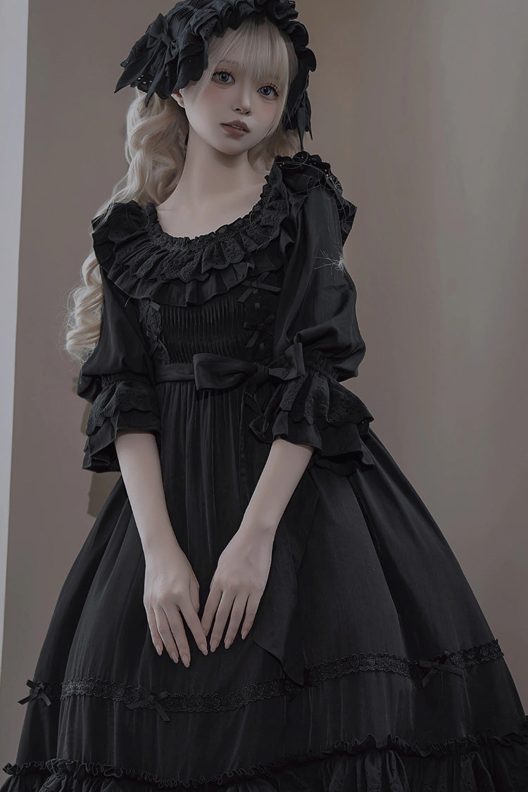Black [Good Morning] Short Sleeves Ruffle Bowknot Lace-Up Gothic Lolita Dress