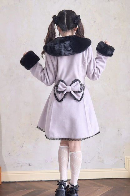 Sweet Plush Collar Waist-cinched Long Sleeves Bowknot Lace Japanese Lolita Coat 4 Colors