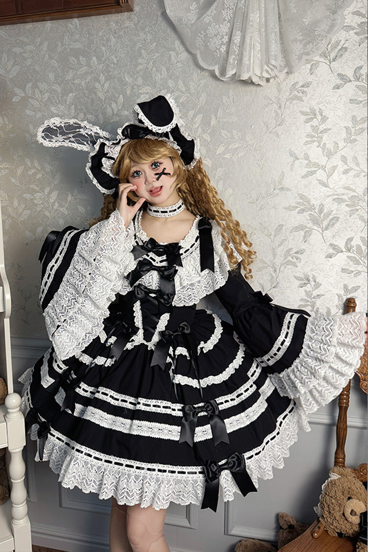 Black [Rabbit Sleeping Doll] Long Trumpet Sleeves Ruffle Bowknot Lace Sweet Lolita Dress