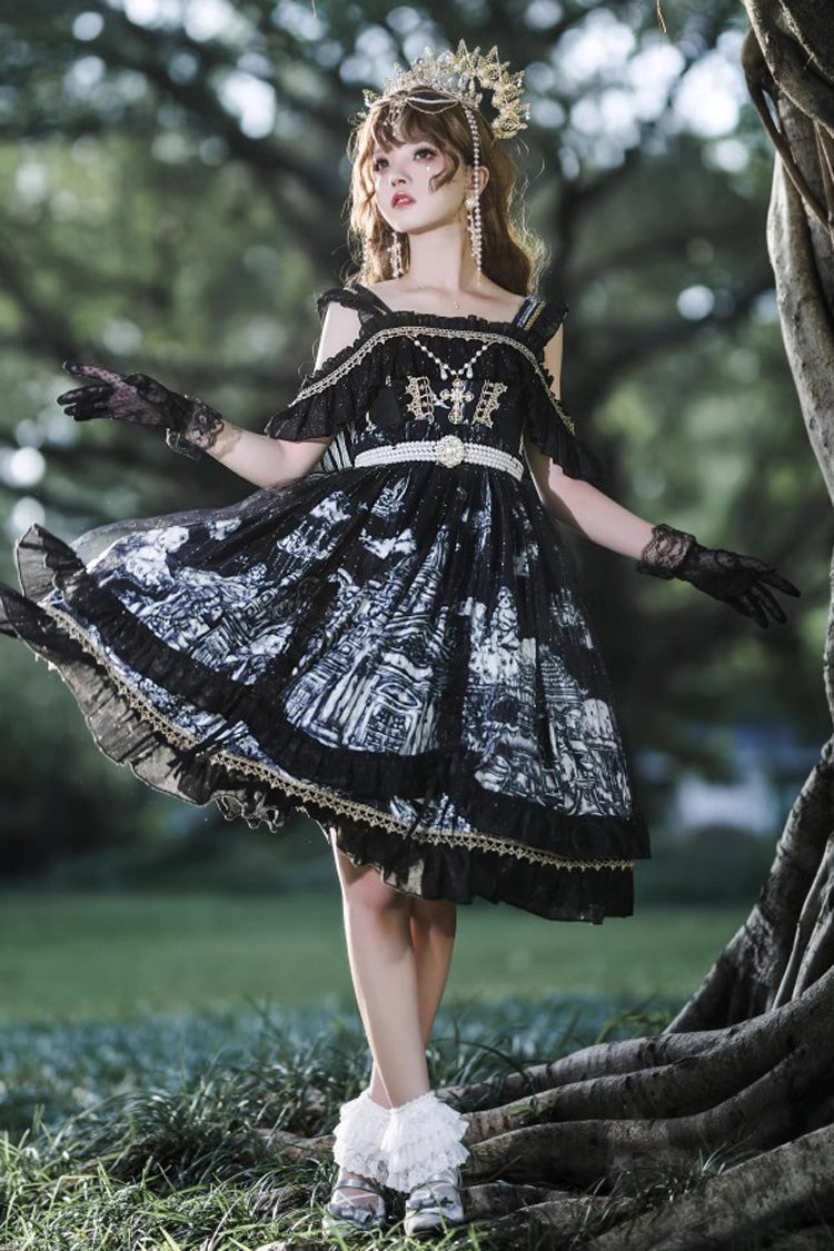 Black [Castle Feast] Print Ruffle Bowknot Gothic Princess Lolita Jsk Dress