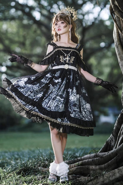 Black [Castle Feast] Print Ruffle Bowknot Gothic Princess Lolita Jsk Dress