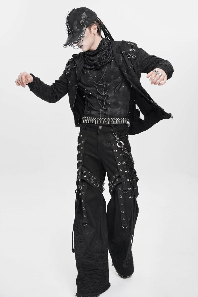 Black Spliced Lace-Up Mesh Ripped Men's Punk Baggy Pants