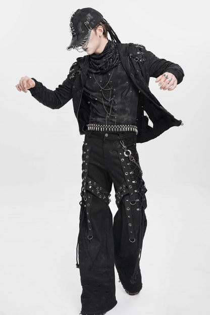 Black Spliced Lace-Up Mesh Ripped Men's Punk Baggy Pants
