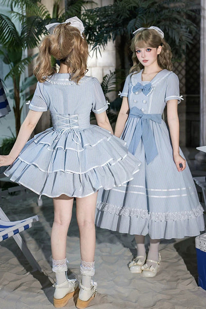 Blue [Seven Day Bell] Navy Collar Short Sleeves Printed Ruffled Bow Sweet Lolita Dress 2 Versions