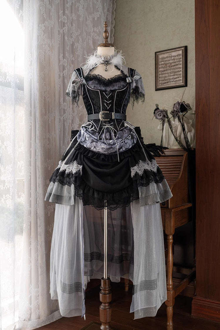 Black [Dark Night Rose] Short Sleeves Print Ruffle Bowknot Lace Asymmetric Gothic Lolita Dress