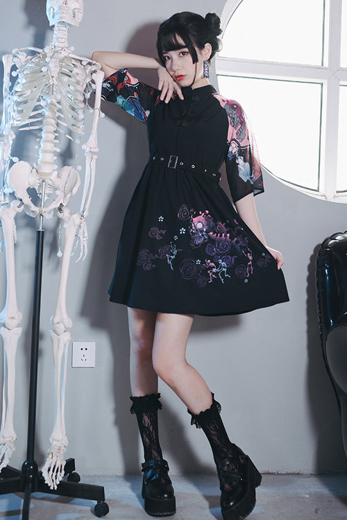 Black Stand Collar Hundred Ghosts Night Walk Colorful Print Short Sleeves High Waisted Sweet Lolita Dress