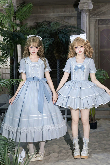 Blue [Seven Day Bell] Navy Collar Short Sleeves Printed Ruffled Bow Sweet Lolita Dress 2 Versions