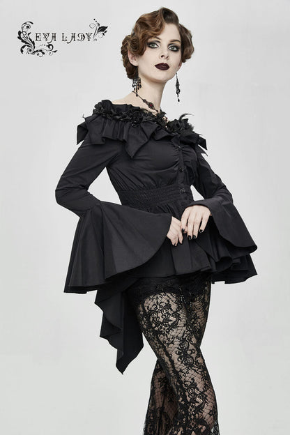 Black Rose Flowers Decoration One-Word Collar Long Sleeve Flare Cuff Women's Gothic Blouse