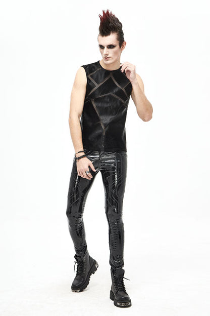 Black Punk Circuit Printed High Quality Stretchy Leather Tight Mens Pants