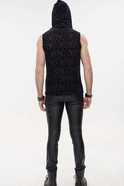 Black Punk Velvet Jacquard Chest Tie Sleeveless Hooded Men's Shirt
