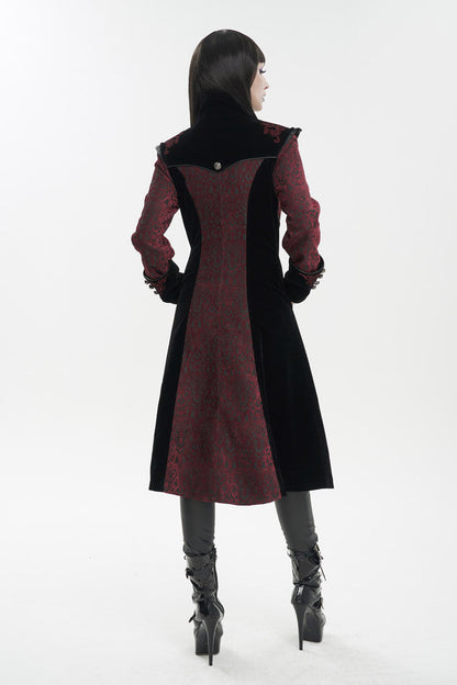 Red Jacquard Studded Mushroom Buckle Metal Cross Embroidered Women's Gothic Coat