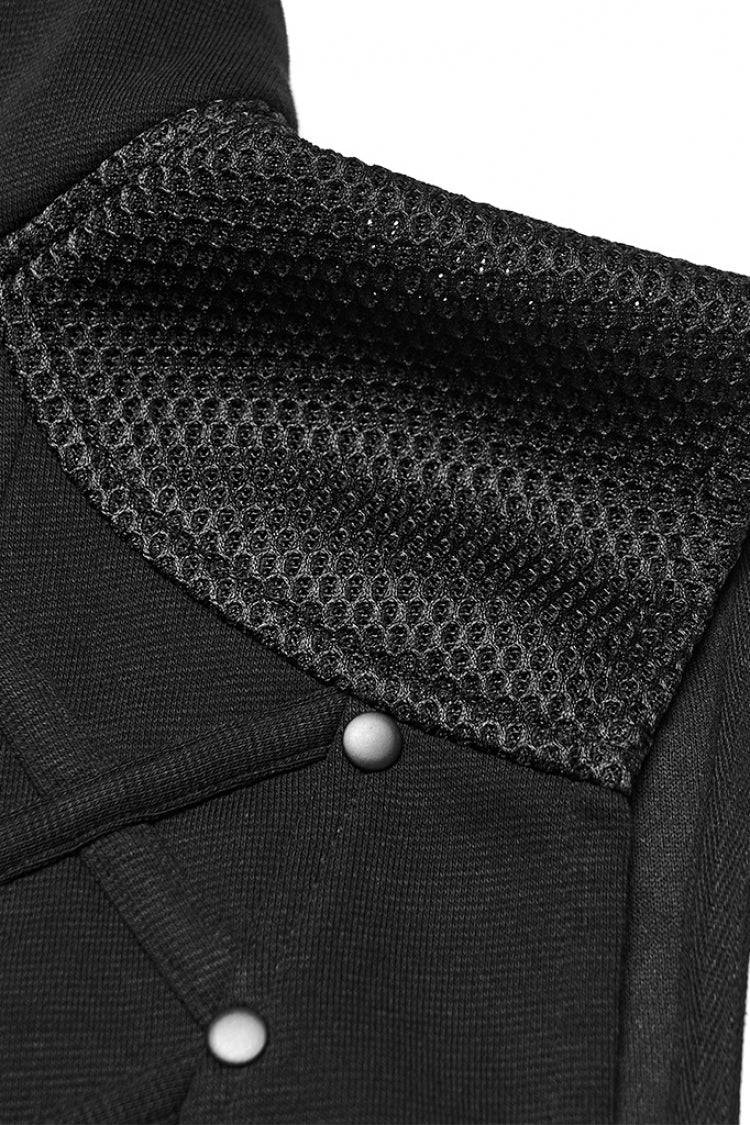 Black Stand Collar Sleeveless Hooded Zipper Men's Punk Vest