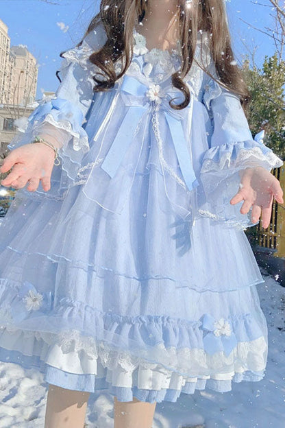 Blue Bowknot Trumpet Sleeves Multi-Layer Ruffled Sweet Lolita OP Tiered Dress