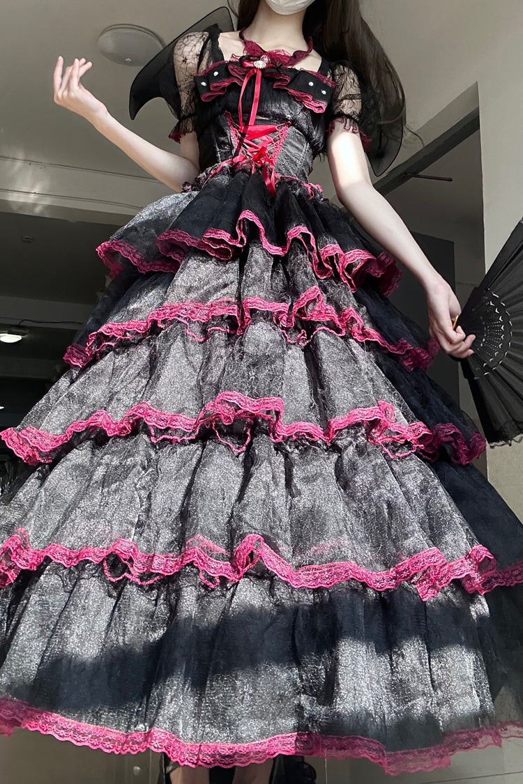 Black/Red Short Sleeves Multi-Layered Ruffle Hanayome Bowknot Lace Plus Size Sweet Lolita Dress (Long Version)