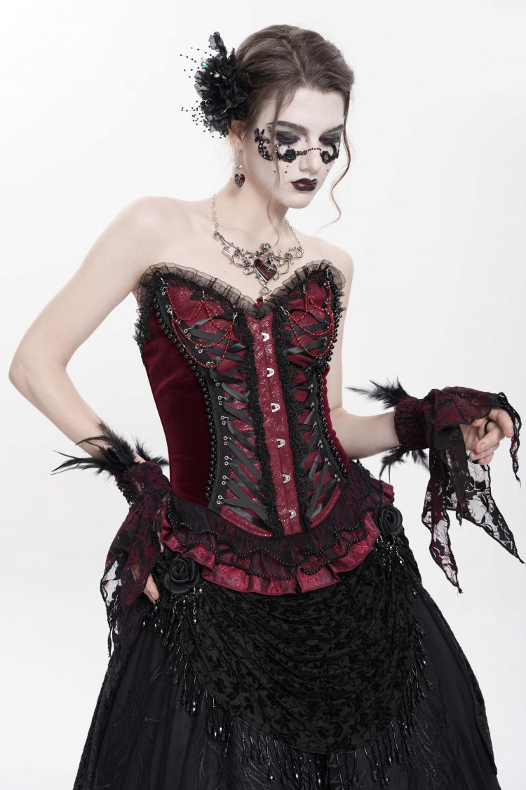 Red Sleeveless Beaded Lace Lace-Up Women's Gothic Overbust Corset