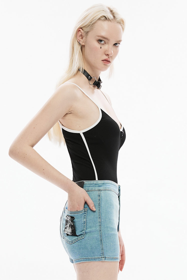 Black Stitching Skull Decorative Buckle Women's Punk T-Shirt