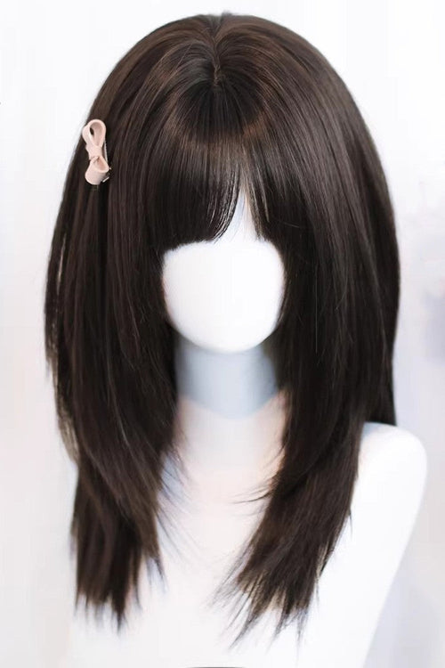 Black Tea Brown Straight Cute Wispy Bangs Daily Sweet Lolita Wig
