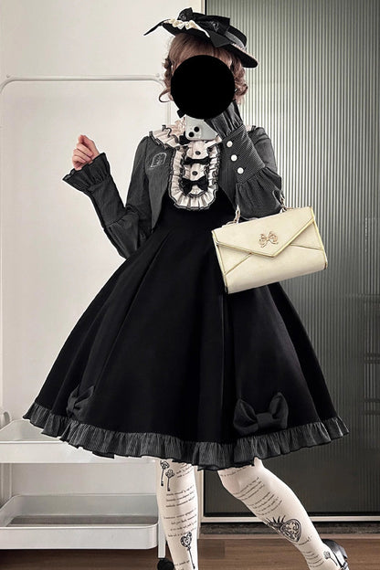 Black [Serenade] Long Sleeves Ruffle Bowknot Fake Two Pieces Classic Lolita Dress