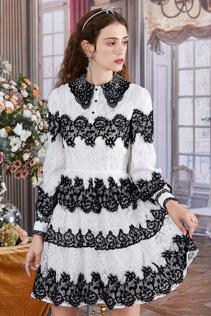 Black/White Lace Pearl Embroidered Doll Collar Long Sleeves High Waisted Sweet Lolita OP Dress