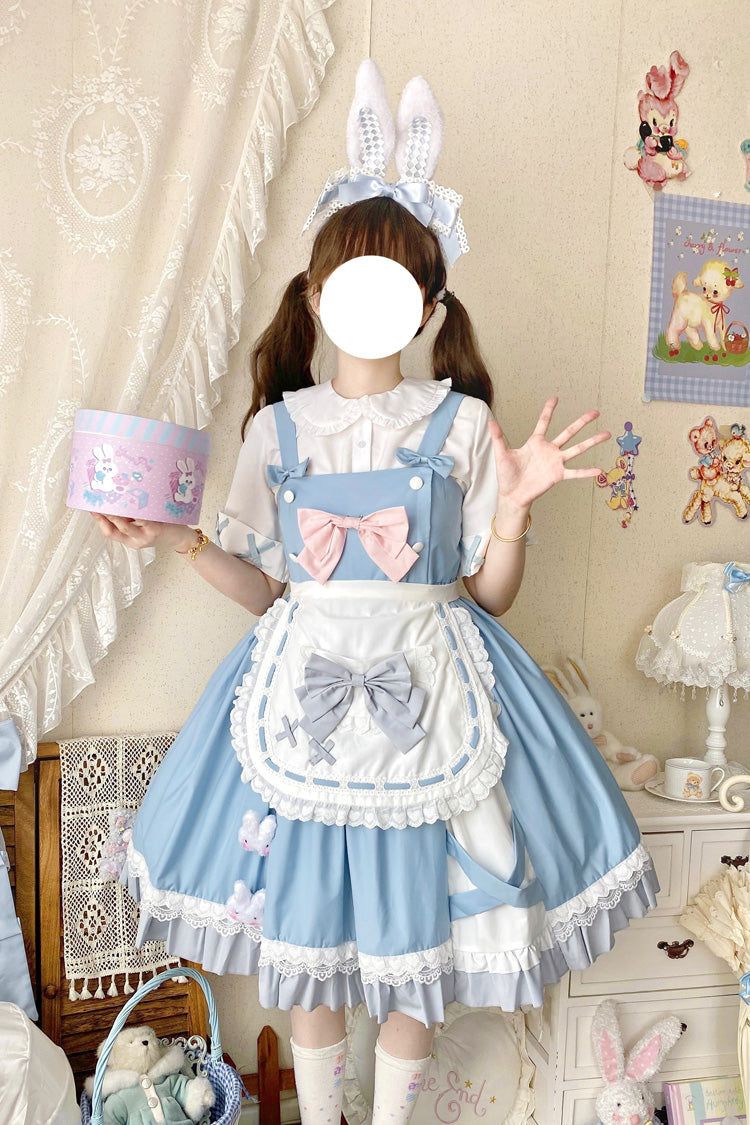 Blue [Picnic Rabbit] Ruffle Bowknot Lace Daily Sweet Lolita Jsk Dress Set